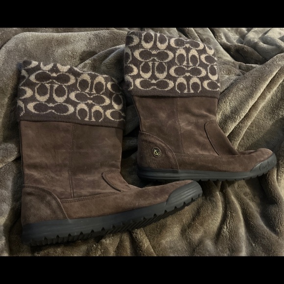 COACH TATUM LADIES BROWN LEATHER SUEDE WOOL SIGNATURE PULL ON BOOTS SIZE 8M - Picture 1 of 5